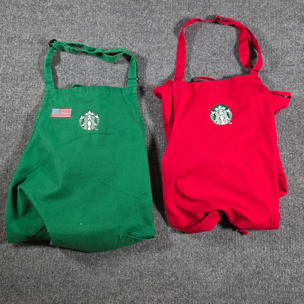 Starbucks Barista Apron Bundle Green American Flag & Holiday Red Siren Logo 2pk